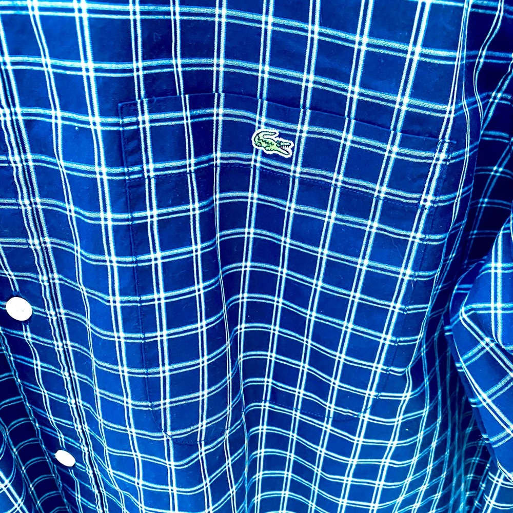 LACOSTE MENS LONG SLEEVE BUTTON DOWN SHIRT SZ45/XXL NAVY BLUE/WHITE SMALL CHECKS - Picture 5 of 10